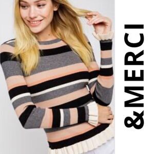 &Merci Striped Ruffle Hem Sweater Size Medium